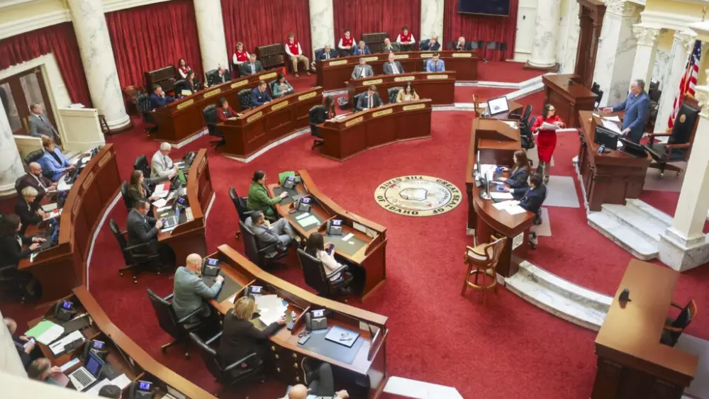 Senators conduct legislative business from the Idaho Senate floor on Jan. 14, 2026, at the State Capitol Building in Boise. (Photo by Pat Sutphin for the Idaho Capital Sun)