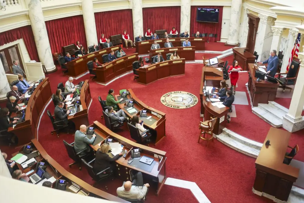 Senators conduct legislative business from the Idaho Senate floor on Jan. 14, 2026, at the State Capitol Building in Boise. (Photo by Pat Sutphin for the Idaho Capital Sun)