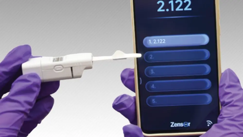 A smartphone application displays a glucose concentration that was measured using a sensor developed at Washington State University. (Photo courtesy of Chuchu Chen and Yonghao Fu)