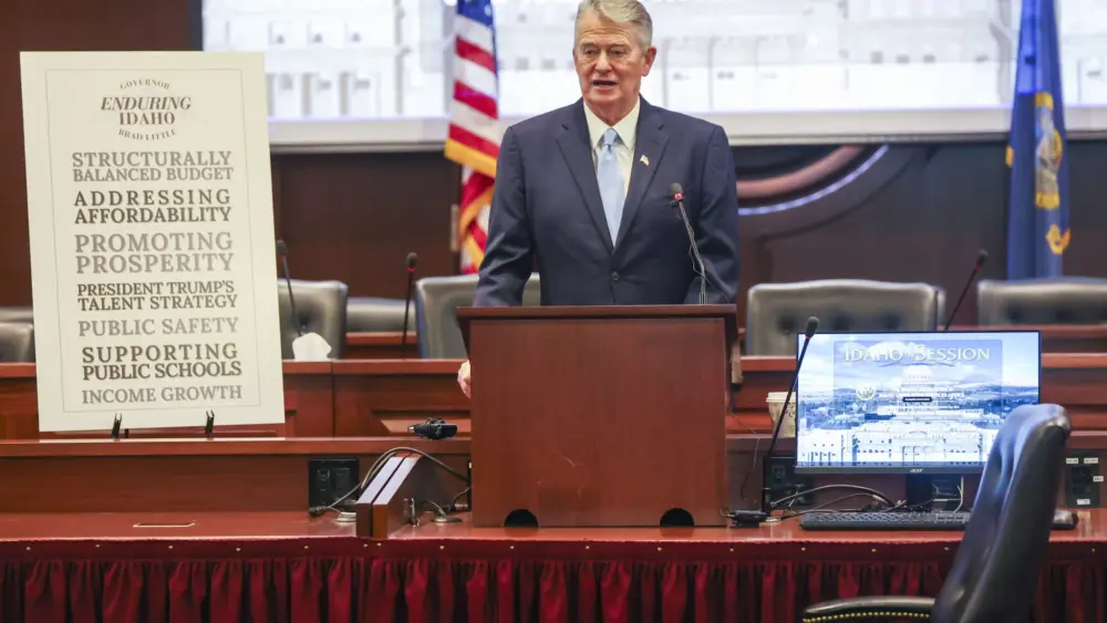 Idaho Gov. Brad Little takes questions from reporters after his State of the State Address on Jan. 12, 2026, at the State Capitol Building in Boise. (Photo by Pat Sutphin for the Idaho Capital Sun)