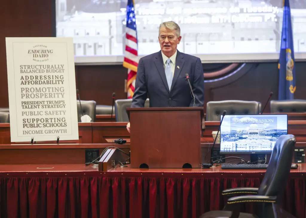 Idaho Gov. Brad Little takes questions from reporters after his State of the State Address on Jan. 12, 2026, at the State Capitol Building in Boise. (Photo by Pat Sutphin for the Idaho Capital Sun)
