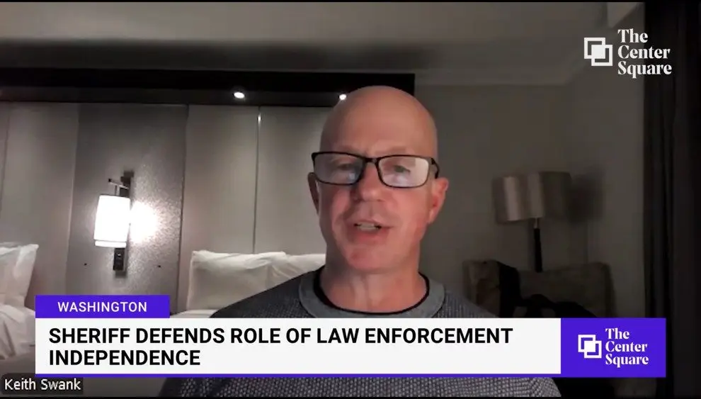 Sceenshot of interview with PC Sheriff Keith Swank discussing bill to allow state board to decertify sheriffs