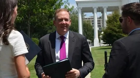 EPA Administrator Lee Zeldin speaks to reporters outside the White House in Washington, July 8, 2025. Photo: Andrew Rice / The Center Square