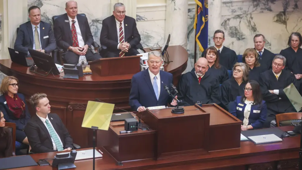 Idaho Republican Gov. Brad Little gives his State of the State Address from the House chambers on Jan. 12, 2026, at the State Capitol Building in Boise. (Photo by Pat Sutphin for the Idaho Capital Sun)