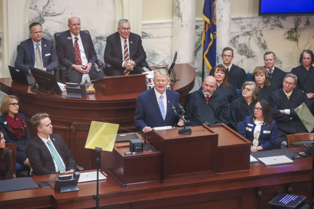 Idaho Republican Gov. Brad Little gives his State of the State Address from the House chambers on Jan. 12, 2026, at the State Capitol Building in Boise. (Photo by Pat Sutphin for the Idaho Capital Sun)