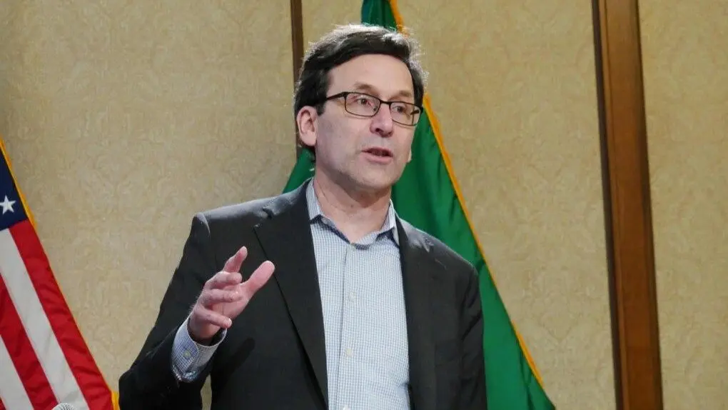 Gov. Bob Ferguson speaks to reporters during a press conference at the state Capitol on Tuesday. (Photo by Bill Lucia/Washington State Standard)