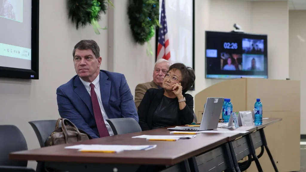 Idaho legislators on the Medicaid Review Panel listen to public testimony during a meeting Dec. 15, 2025 in Rexburg. From left to right: Rep. Kevin Cook, co-chair Sen. Julie VanOrden, and co-chair Rep. John Vander Woude. (Photo by Kyle Pfannenstiel/Idaho Capital Sun)