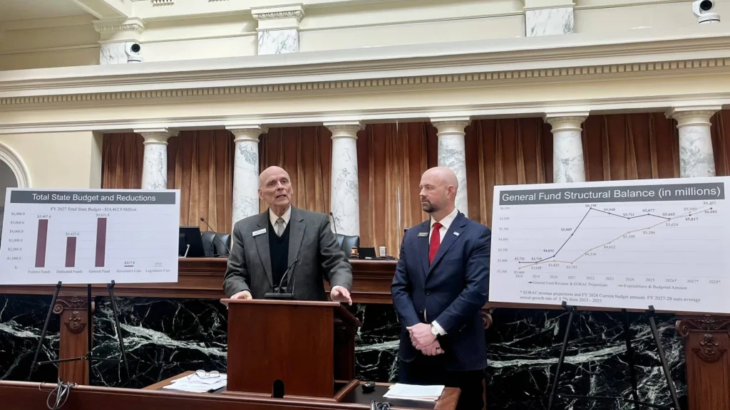 Sen. Scott Grow, left, and Rep. Josh Tanner, both Republicans from Eagle, lead a press conference about the state budget on Feb. 19, 2026, at the Idaho State Capitol. (Photo by Clark Corbin/Idaho Capital Sun)