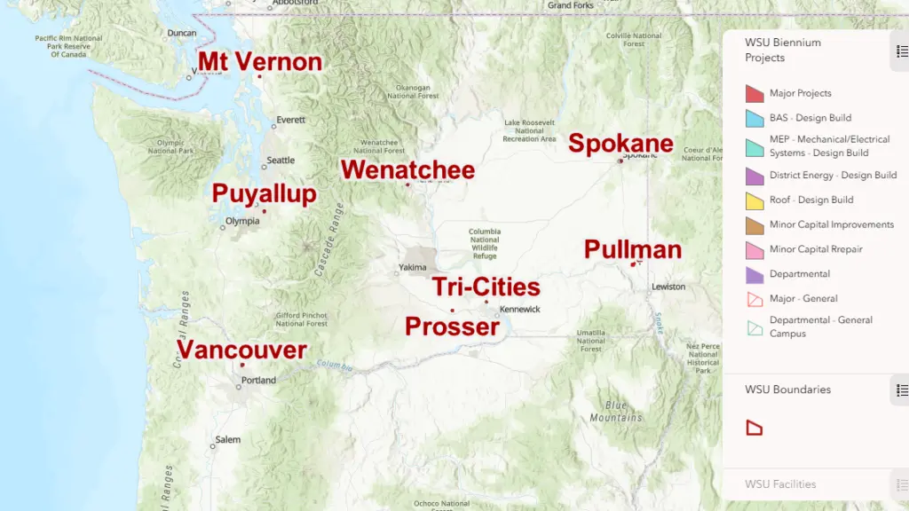 The interactive map displays capital projects reshaping WSU campuses and research sites across the state.