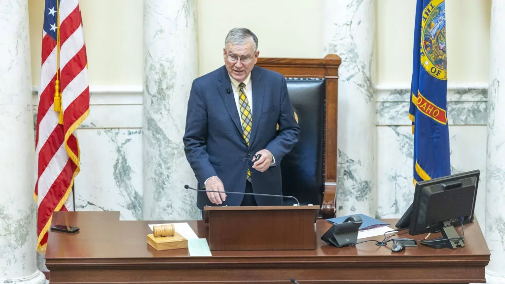 Idaho Lt. Gov. Scott Bedke, R-Oakley, conducts legislative business on the Senate floor on Jan. 7, 2025, at the State Capitol Building in Boise. (Pat Sutphin for the Idaho Capital Sun)