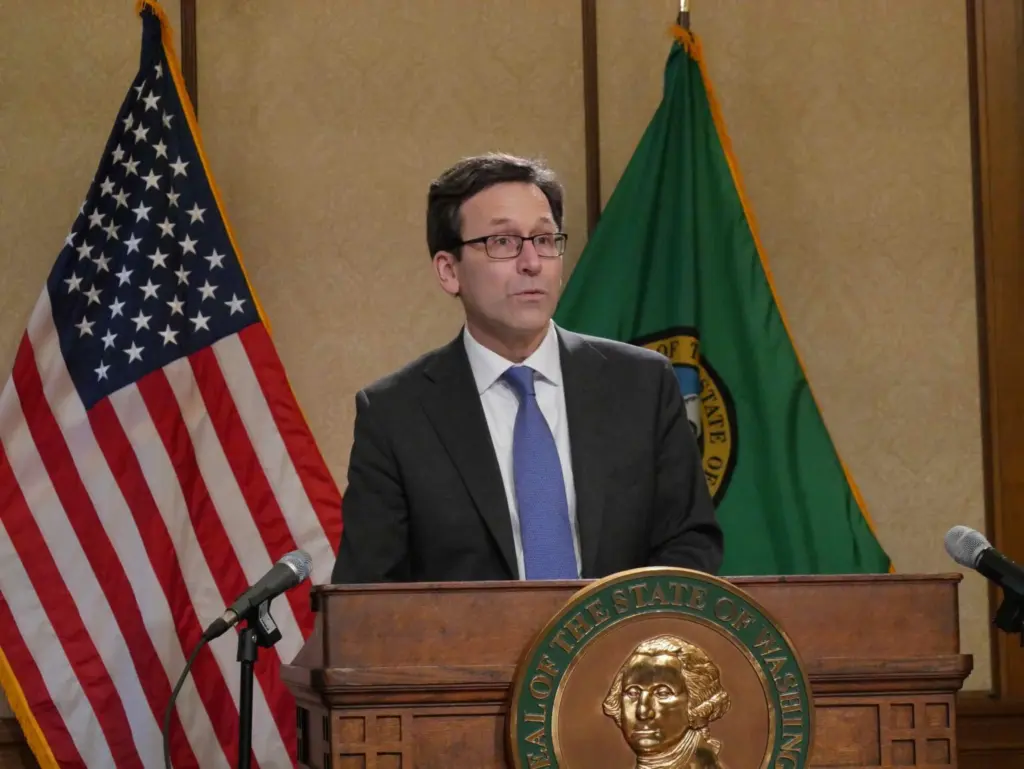 Gov. Bob Ferguson speaks to reporters about income tax legislation Democratic lawmakers unveiled on Feb. 3, 2026. (Photo by Bill Lucia/Washington State Standard)