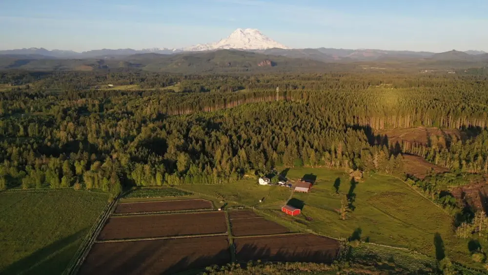 An aerial view of farmland and forest with a red barn and fields in the foreground, set against a backdrop of snow-capped mountains in Washington state. Photo: Dean Diemert / Pexels