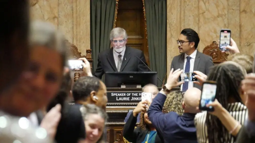 Rep. Timm Ormsby, D-Spokane, prepares to drop the gavel, closing out the 2026 legislative session, on Thursday, March 12 in Olympia. (Photo by Bill Lucia/Washington State Standard)