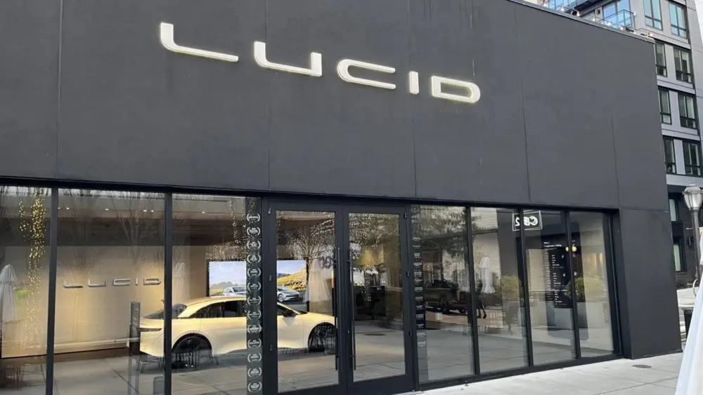 A Lucid showroom in Seattle’s University Village, where potential car buyers can check out the manufacturers’ vehicles, but not test-drive or buy them. (Photo by Tom Banse)