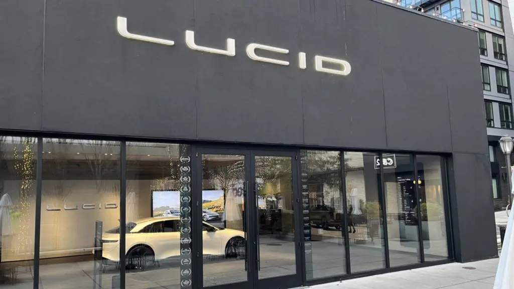 A Lucid showroom in Seattle’s University Village, where potential car buyers can check out the manufacturers’ vehicles, but not test-drive or buy them. (Photo by Tom Banse)