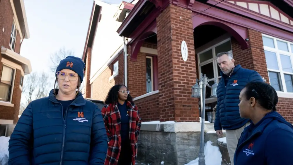 Sarah Beckman, left, stands with other staff members of Ohio’s Hamilton County Quick Response Team in an undated photo. The team helps people who use fentanyl get treatment. Ohio had the largest drop in opioid overdose deaths of any state as of October 2025 since the national peak in June 2023. (Photo courtesy of Hamilton County Quick Response Team)