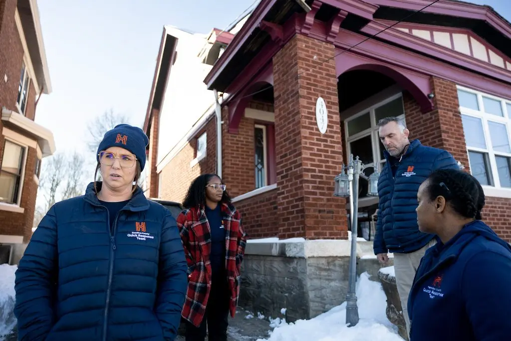 Sarah Beckman, left, stands with other staff members of Ohio’s Hamilton County Quick Response Team in an undated photo. The team helps people who use fentanyl get treatment. Ohio had the largest drop in opioid overdose deaths of any state as of October 2025 since the national peak in June 2023. (Photo courtesy of Hamilton County Quick Response Team)
