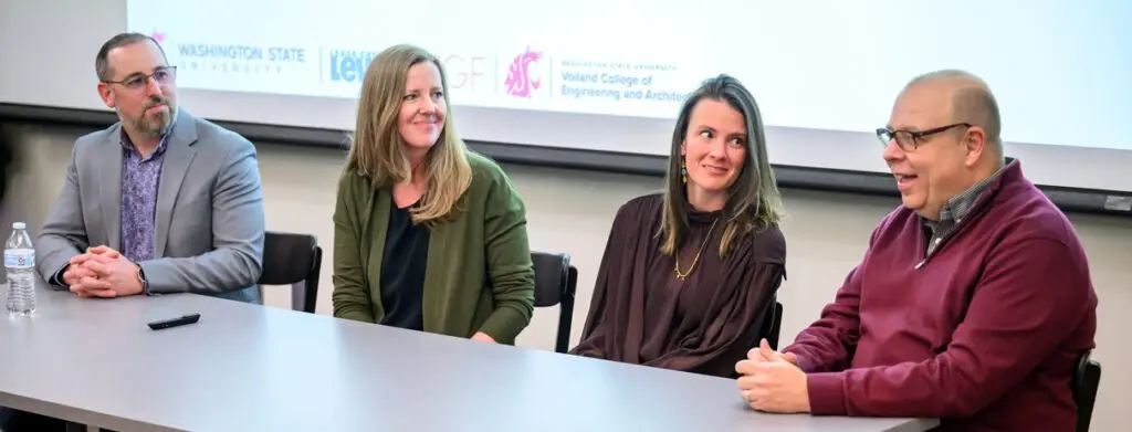 Panelists (left–right) Joshua Thomson, Sara Howell, Mackenzie Elrod, and David Grant discussed how their varied industries and disciplines work together to create such spectacular built environments (photo courtesy of WSU).