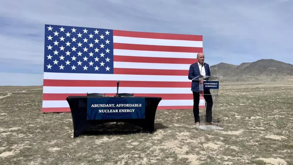 Utah Gov. Spencer Cox announces Utah will be applying with the U.S. Department of Energy to host a “nuclear lifecycle innovation campus” in a remote area in northwest Tooele County during a news conference there on March 27, 2026. (Katie McKellar/Utah News Dispatch)