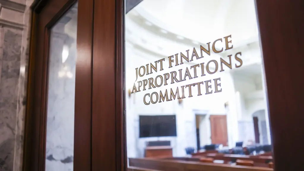 The entrance to the Idaho Legislature’s Joint Finance-Appropriations Committee room as seen on March 16, 2026, at the State Capitol Building in Boise. (Photo by Pat Sutphin for the Idaho Capital Sun)