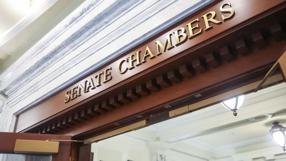 The entrance to the Idaho Senate chambers as seen on March 16, 2026, at the State Capitol Building in Boise. (Photo by Pat Sutphin for the Idaho Capital Sun)