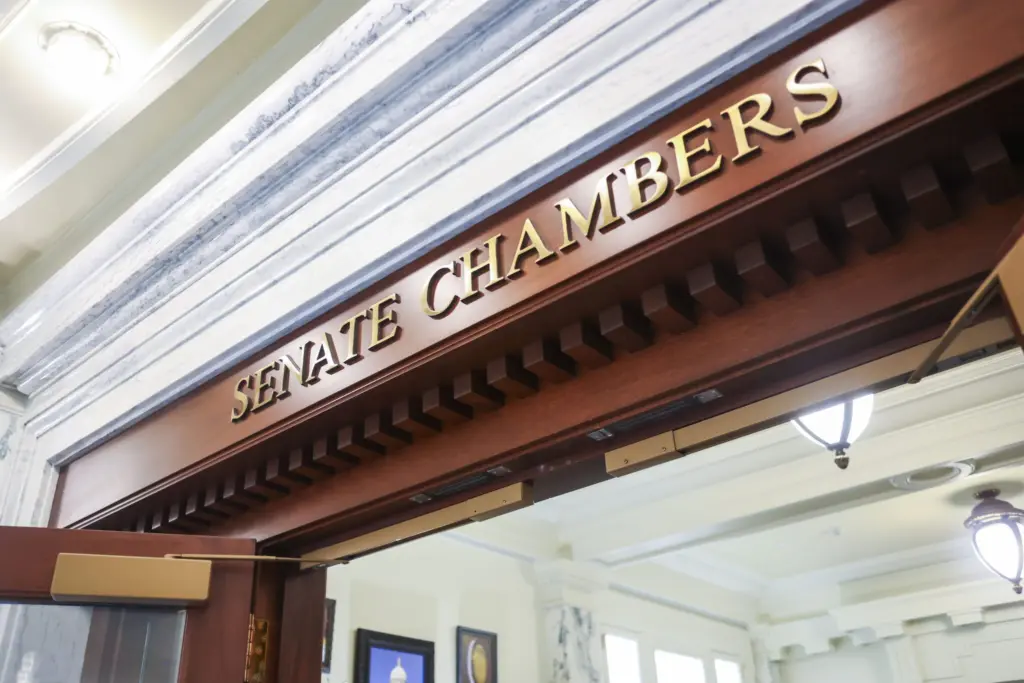The entrance to the Idaho Senate chambers as seen on March 16, 2026, at the State Capitol Building in Boise. (Photo by Pat Sutphin for the Idaho Capital Sun)