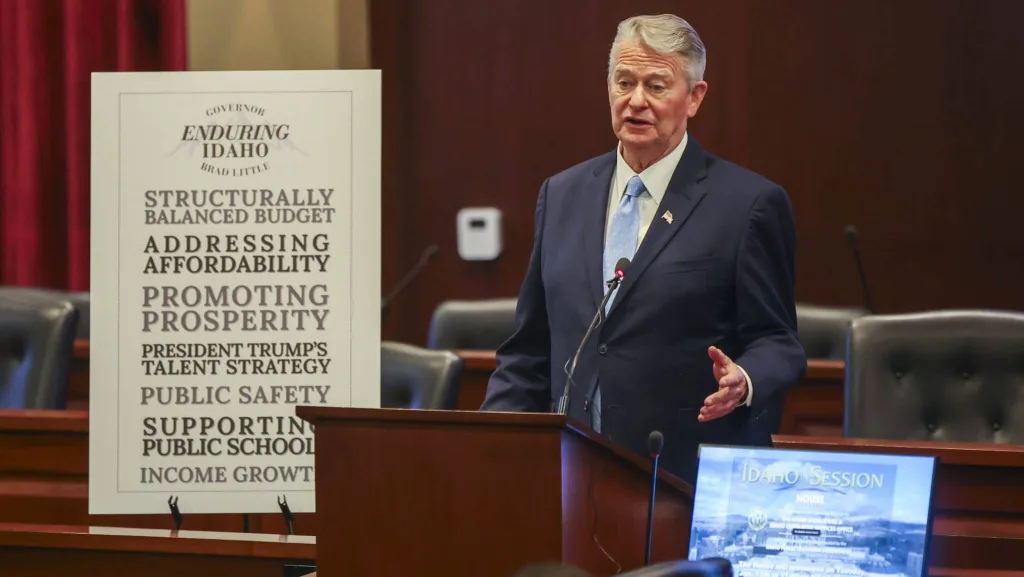 Idaho Gov. Brad Little takes questions from reporters after his State of the State Address on Jan. 12, 2026, at the State Capitol Building in Boise. (Photo by Pat Sutphin for the Idaho Capital Sun)