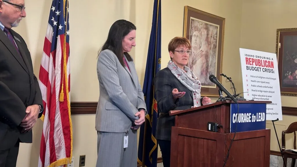 From left, House Assistant Minority Leader Rep. Steve Berch, House Minority Leader Rep. Ilana Rubel and Senate Minority Leader Sen. Melissa Wintrow speak at a press conference on April 3, 2026, at the Idaho state Capitol in Boise. (Laura Guido / Idaho Capital Sun)