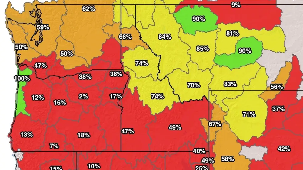 This SNOTEL (snow telemetry) map on the USDA website shows the mountain snowpack's water content compared to the average for the same date. (Natural Resources Conservation Service)