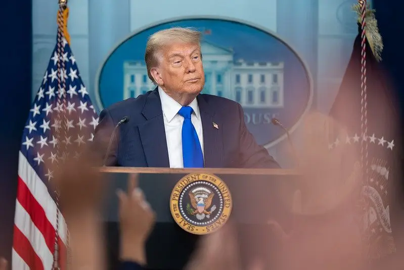 President Donald Trump speaks at a press conference in the James S. Brady Press Briefing Room at the White House in Washington, June 27, 2025. Photo: Abe McNatt / Official White House Photo via Flickr / United States Government Work