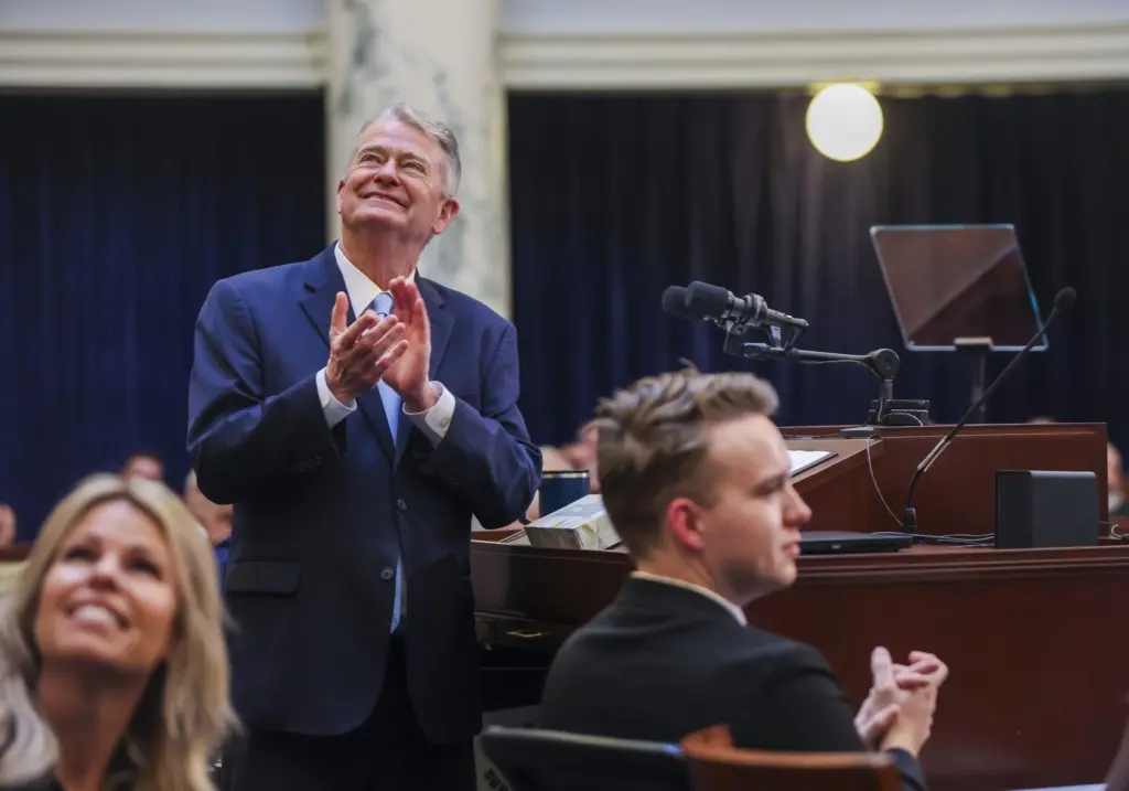 Idaho Republican Gov. Brad Little gives his State of the State Address from the House chambers on Jan. 12, 2026, at the State Capitol Building in Boise. (Photo by Pat Sutphin for the Idaho Capital Sun)