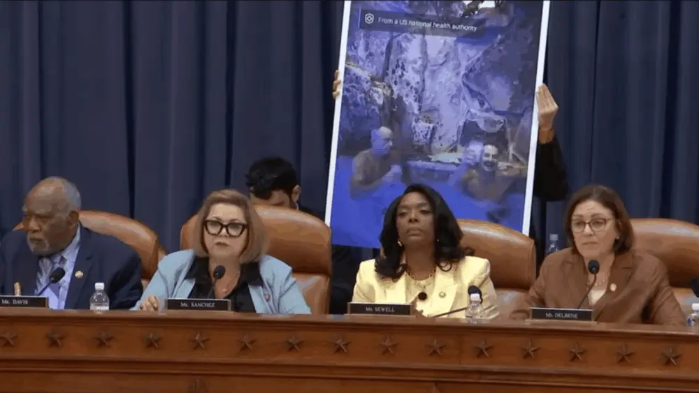 California Democratic Rep. Linda T. Sánchez at a House Ways and Means Committee hearing on April 16, 2026, shows a poster of Health and Human Services Secretary Robert F. Kennedy Jr. drinking milk in a hot tub with Kid Rock. Also pictured, from left, are Illinois Democratic Rep. Danny K. Davis, Alabama Democratic Rep. Terri A. Sewell and Washington Democratic Rep. Suzan K. DelBene. (Screenshot from committee webcast)