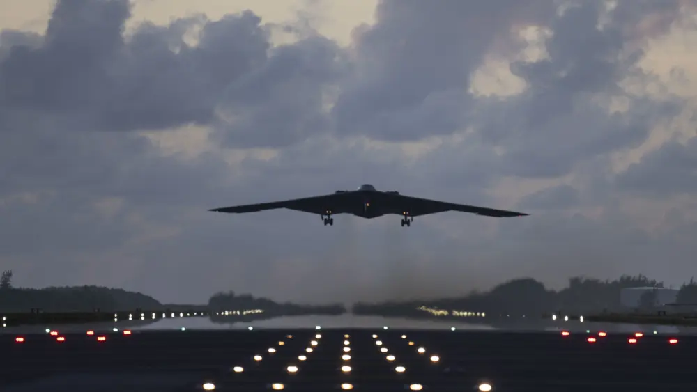 A U.S. Air Force B-2 Spirit stealth bomber takes off on a combat mission at Diego Garcia, British Indian Ocean Territory, April 15, 2025. Six B-2s and approximately 250 personnel deployed from Whiteman Air Force Base, Missouri as the 393d Expeditionary Bomb Squadron to conduct operations. The deployment was the largest deployment of B-2s in its history demonstrating U.S. global strike capabilities anytime, anywhere. (U.S. Air Force photo by Tech. Sgt. Anthony Hetlage)