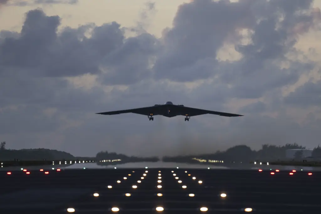 A U.S. Air Force B-2 Spirit stealth bomber takes off on a combat mission at Diego Garcia, British Indian Ocean Territory, April 15, 2025. Six B-2s and approximately 250 personnel deployed from Whiteman Air Force Base, Missouri as the 393d Expeditionary Bomb Squadron to conduct operations. The deployment was the largest deployment of B-2s in its history demonstrating U.S. global strike capabilities anytime, anywhere. (U.S. Air Force photo by Tech. Sgt. Anthony Hetlage)