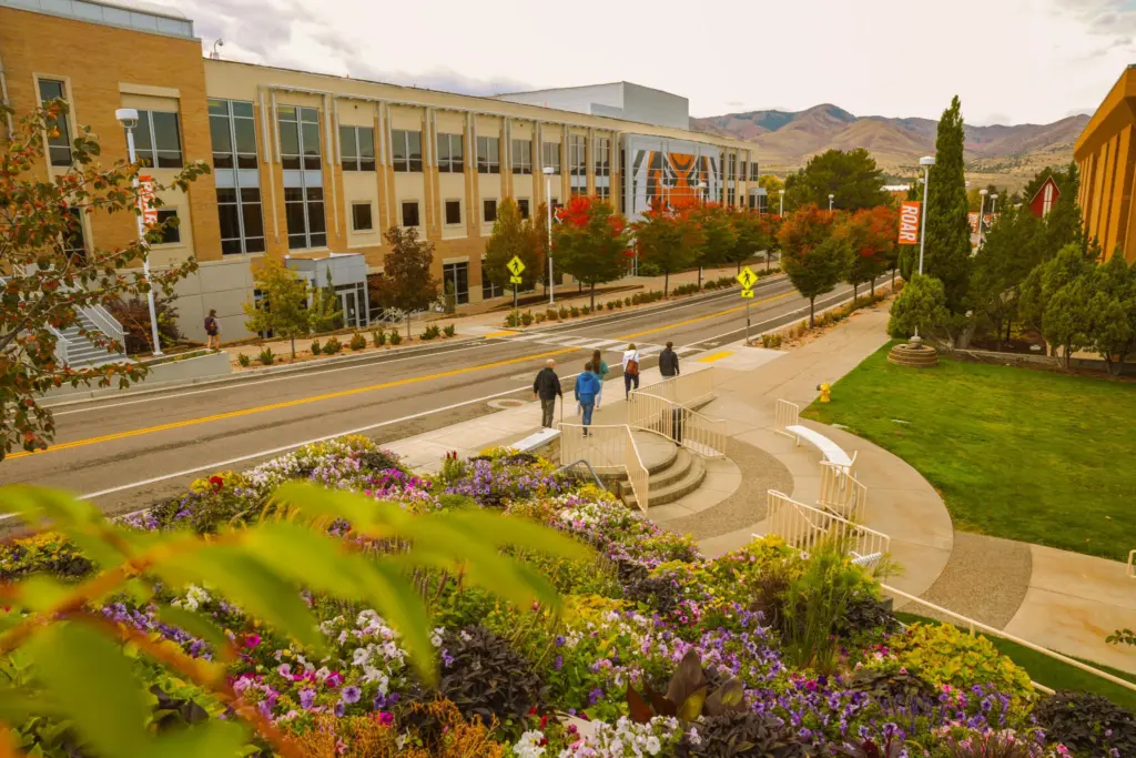 Students walk across campus at Idaho State University in Pocatello. (Photo courtesy of Idaho State University)