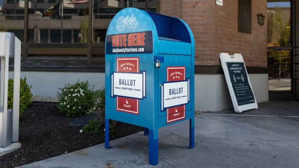 In this file photo from May 2021, an absentee voting drop box was available to voters outside Boise City Hall. (Otto Kitsinger for Idaho Capital Sun)