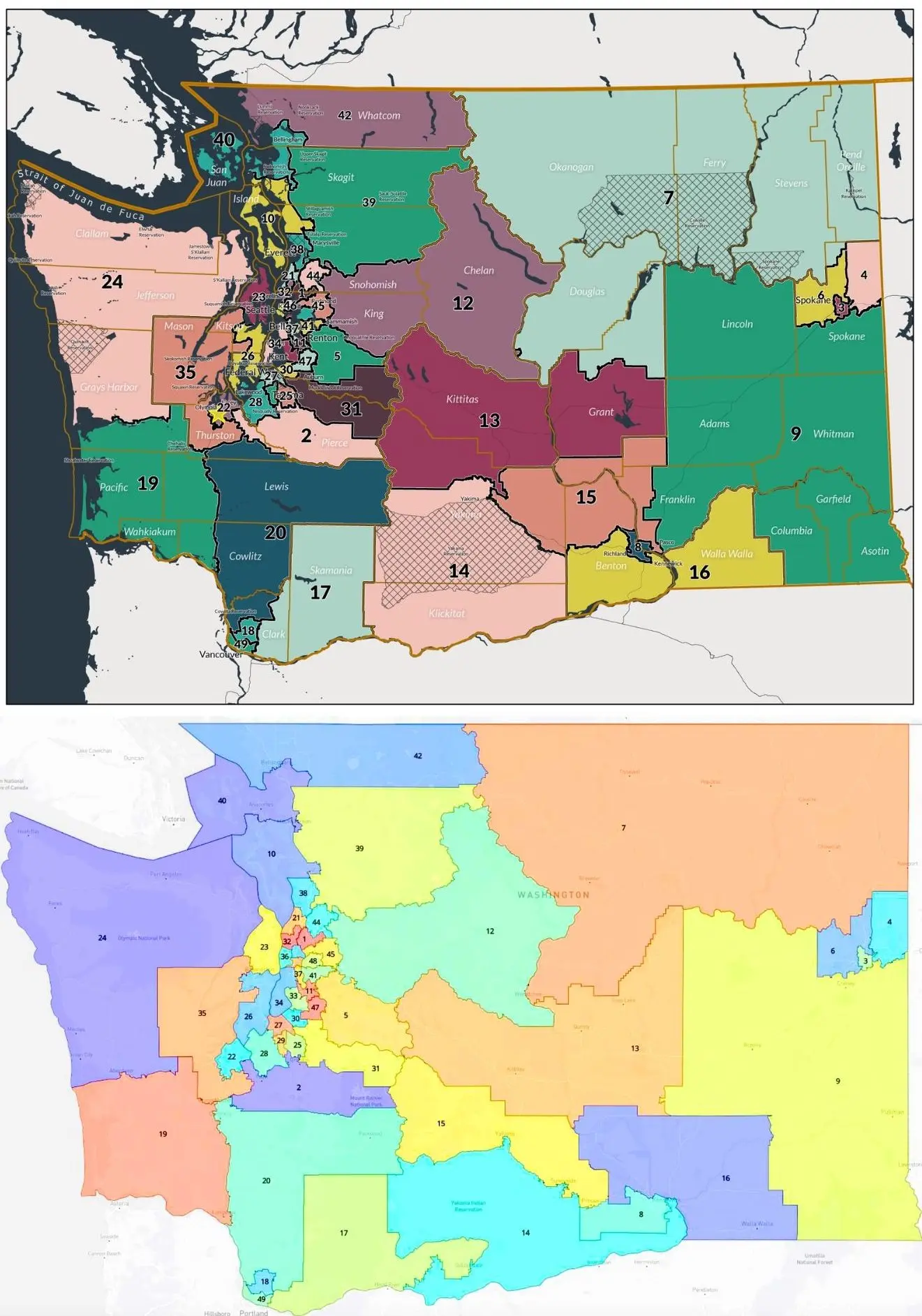 The previous Washington state legislative district map, top, and the redrawn map approved by a Lasnik on March 15, 2024, bottom.