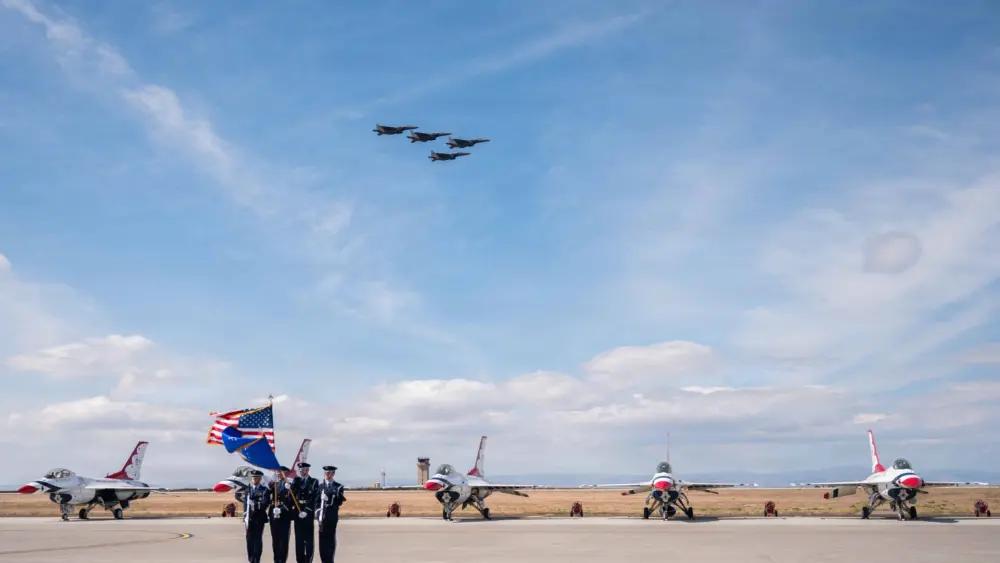 Aircraft participate in the opening ceremony during the Gunfighter Skies Air Show at Mountain Home Air Force Base on May 16, 2026, one day before a mid-air collision involving two U.S. Navy EA-18G Growler aircraft during the show. (U.S. Air Force photo by Senior Airman Whitney Gillespie)