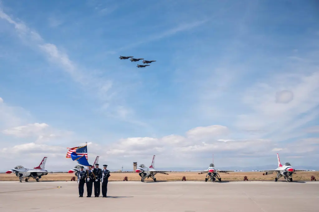 Aircraft participate in the opening ceremony during the Gunfighter Skies Air Show at Mountain Home Air Force Base on May 16, 2026, one day before a mid-air collision involving two U.S. Navy EA-18G Growler aircraft during the show. (U.S. Air Force photo by Senior Airman Whitney Gillespie)