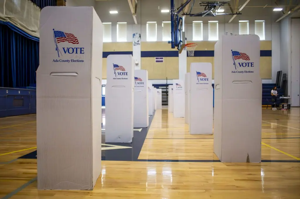 Voting booths await voters in the general election on Nov. 5, 2024, at North Junior High in Boise. (Pat Sutphin for the Idaho Capital Sun)