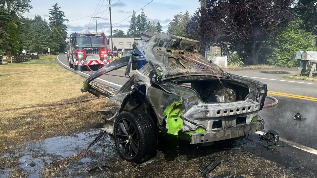 A wrecked vehicle in Thurston County after it collided with a power pole, splitting the car in half on June 23, 2025. The driver was treated for minor injuries and was booked for DUI. The vehicle’s speedometer was stuck at 100 mph, according to the Thurston County Sheriff’s Office. (Photo courtesy of Thurston County Sheriff’s Office)