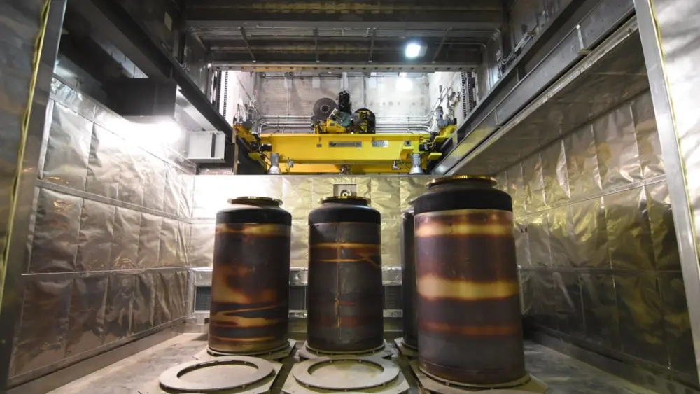 Stainless steel containers for waste in the low-activity waste facility at the Hanford site. (Photo courtesy of U.S. Department of Energy/Bechtel)