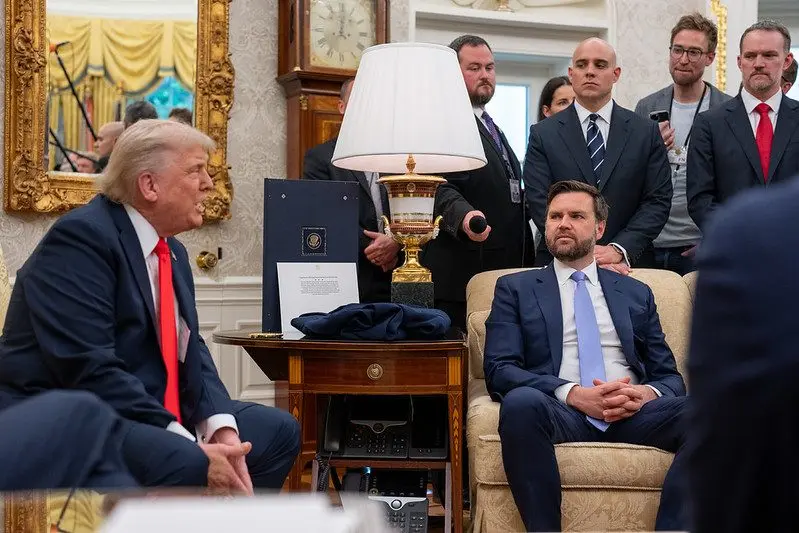 Vice President JD Vance and President Donald Trump attend a bilateral meeting with German Chancellor Friedrich Merz, June 5, 2025. Photo: Emily J. Higgins / Official White House Photo via Flickr / United States Government Work