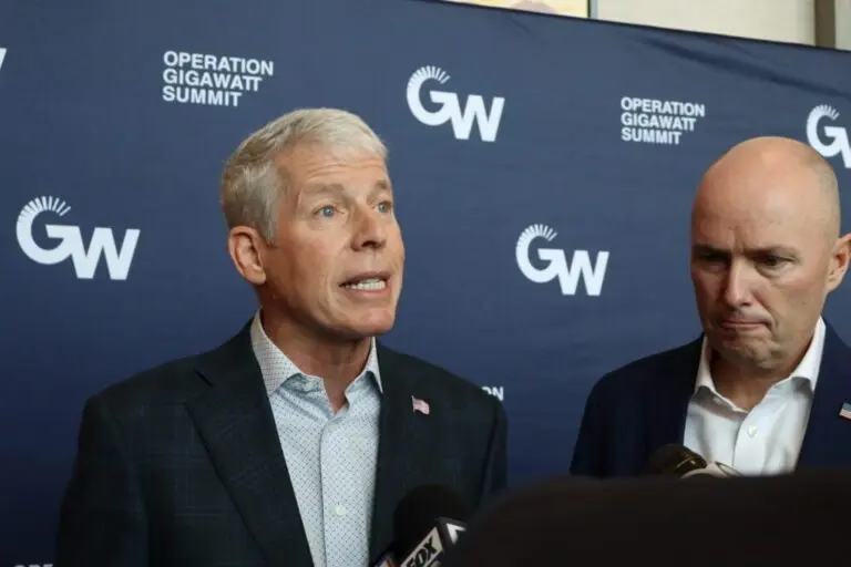 U.S. Secretary of Energy Chris Wright speaks to reporters alongside Utah Gov. Spencer Cox during the Operation Gigawatt Summit on May 22, 2026. (Alixel Cabrera/Utah News Dispatch)