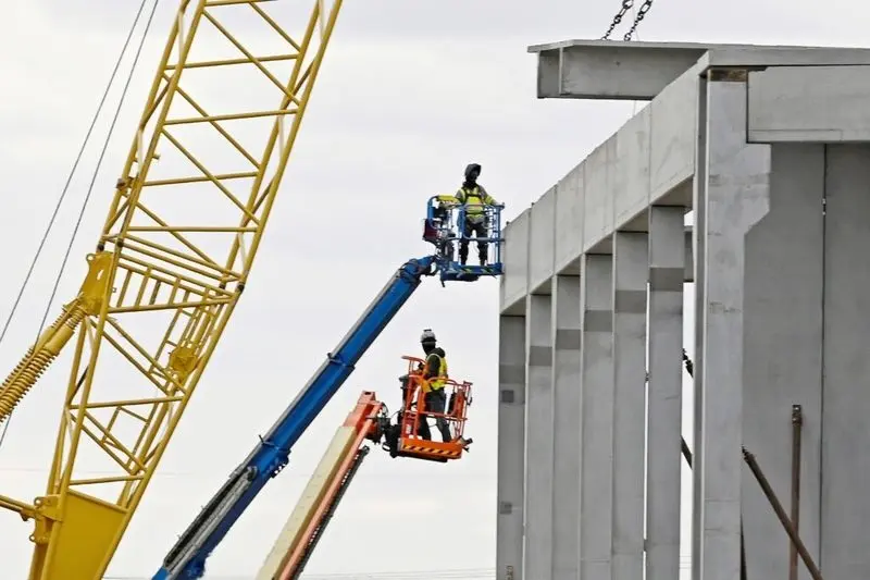 Crews work on the Applied Digital data center construction in Harwood, North Dakota, on May 6, 2026. (Photo by Dan Koeck/North Dakota Monitor)
