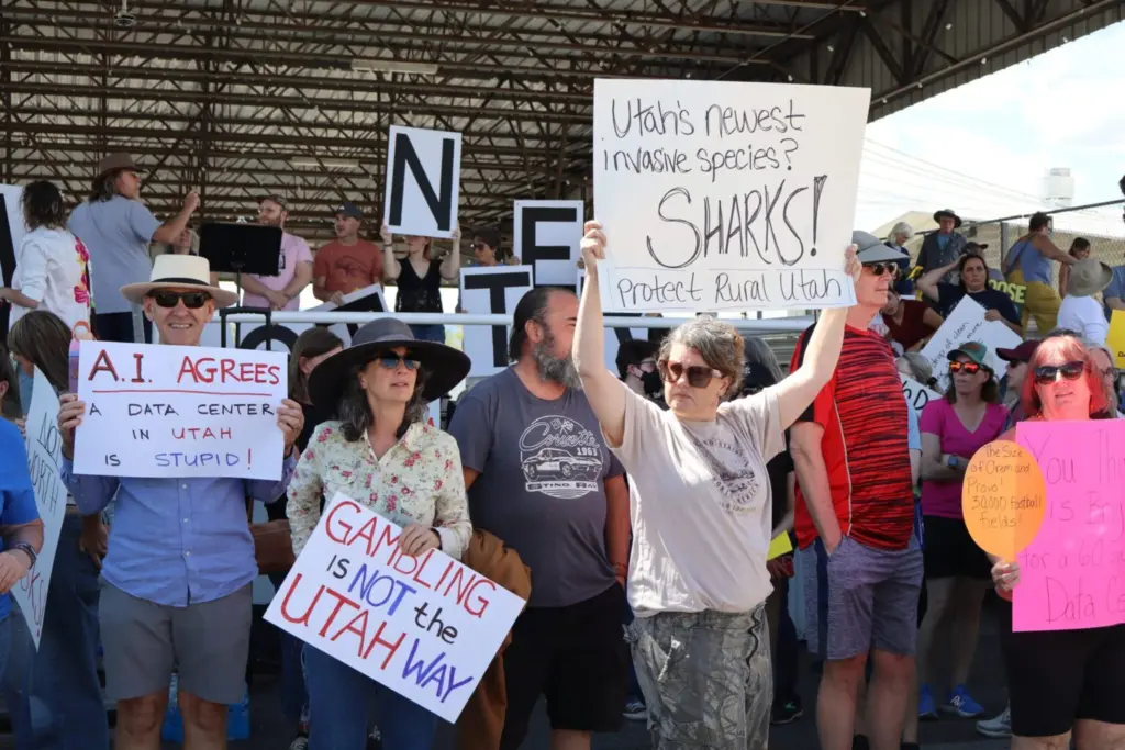 Community members protest ahead of a special Box Elder County Commission meeting to discuss the Stratos project, a massive data center proposed for an unincorporated area in Box Elder County, Utah, on May 4, 2026. (Photo by Alixel Cabrera/Utah News Dispatch)
