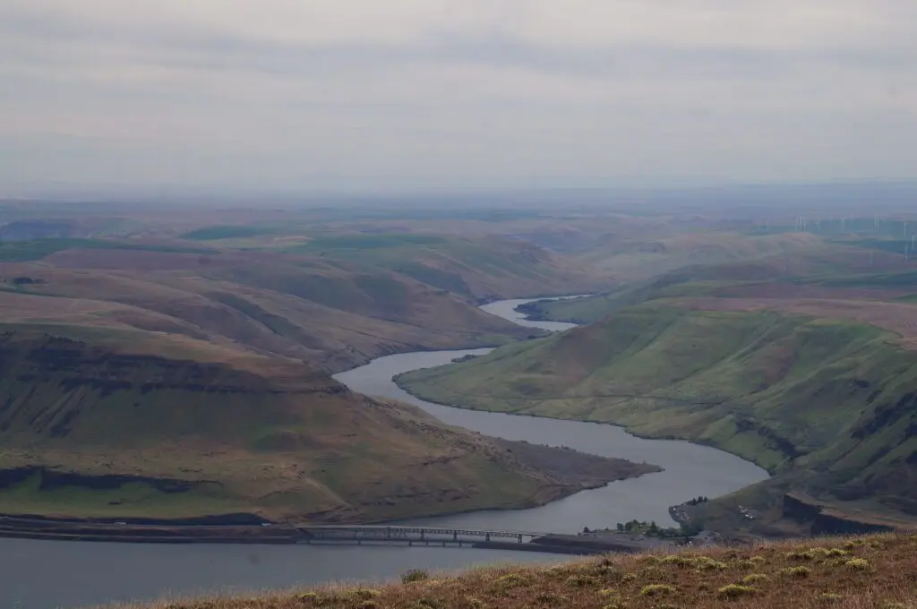 The Columbia River Gorge as seen from above on May 8, 2026, near Pushpum, a site sacred to the Yakama Nation. (Photo by Alex Baumhardt/Oregon Capital Chronicle)