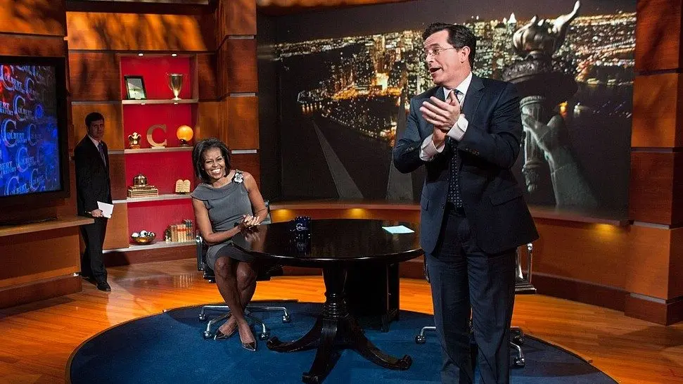 Stephen Colbert appears on the set of “The Colbert Report” during a taping in New York. Photo credit: The White House via Wikimedia Commons