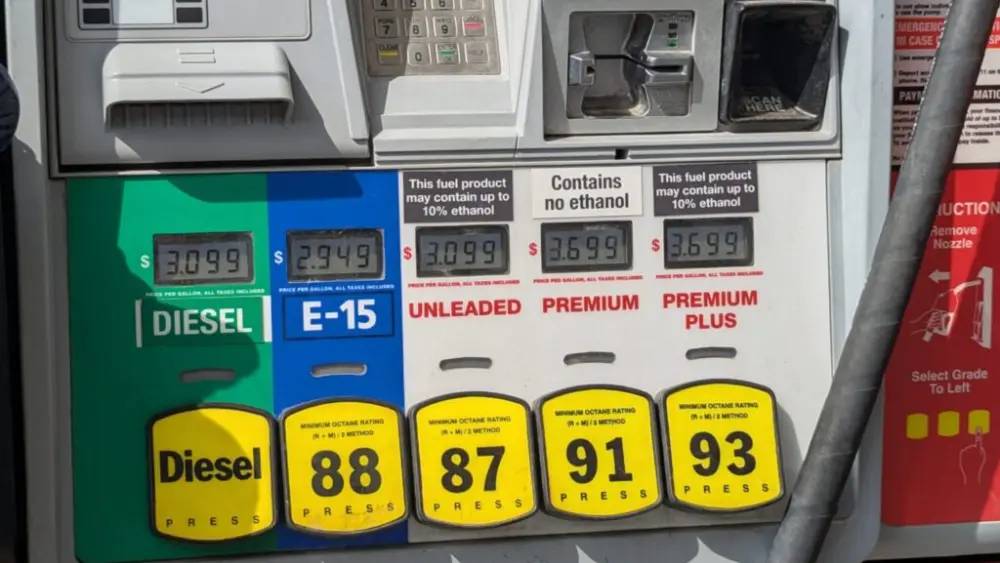 Fuel options at a Sioux Falls, South Dakota, gas station on Aug. 22, 2025. The nationwide average price of a gallon of gas was $4.55 May 22, 2026, up from $3.20 a year ago. The steep increase has turned some lawmakers’ attention alternative fuels like ethanol. (Photo by John Hult/South Dakota Searchlight)