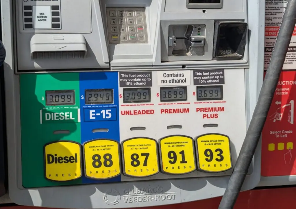 Fuel options at a Sioux Falls, South Dakota, gas station on Aug. 22, 2025. The nationwide average price of a gallon of gas was $4.55 May 22, 2026, up from $3.20 a year ago. The steep increase has turned some lawmakers’ attention alternative fuels like ethanol. (Photo by John Hult/South Dakota Searchlight)